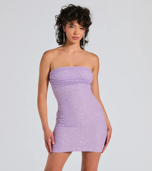 Strapless Bodycon Beaded Mesh Mini Dress Homecoming Dresses