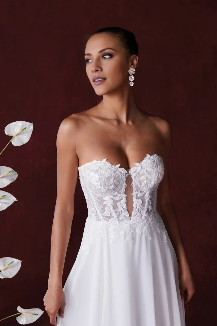 Strapless Chiffon A-Line Wedding Dress with Sheer Bodice Wedding Dresses