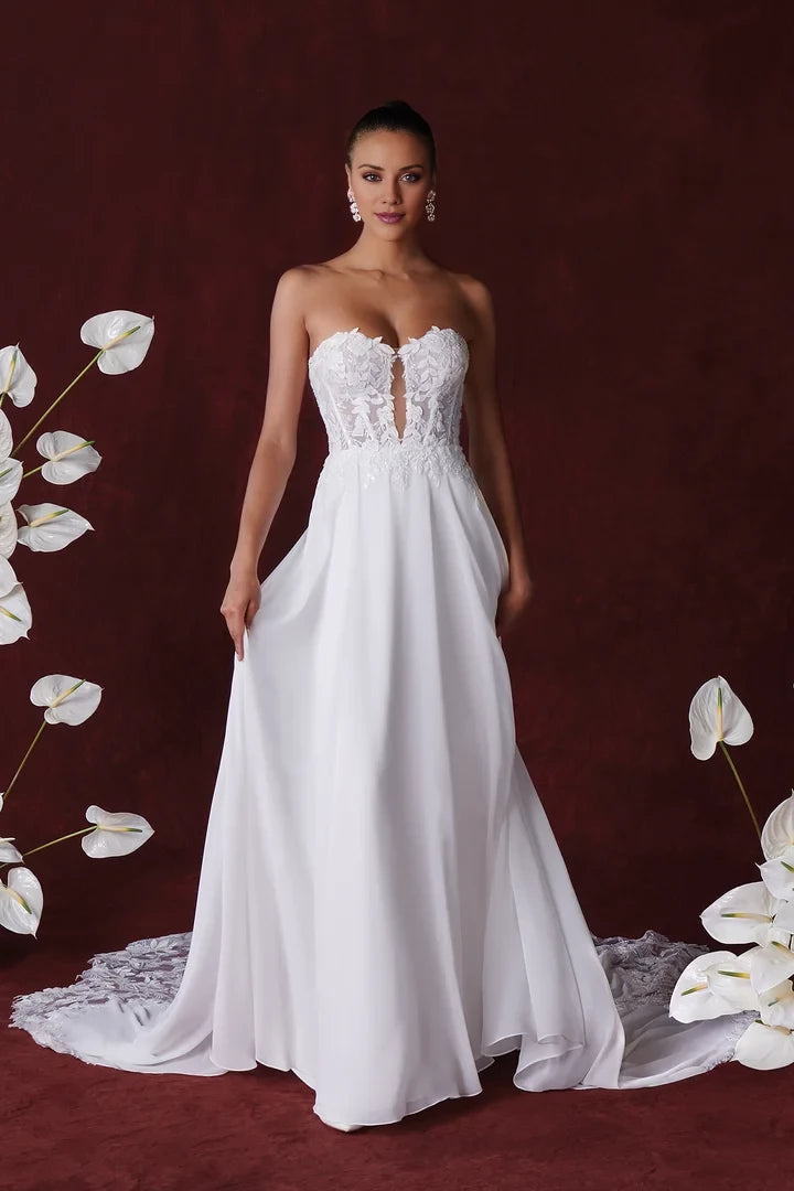 Strapless Chiffon A-Line Wedding Dress with Sheer Bodice Wedding Dresses