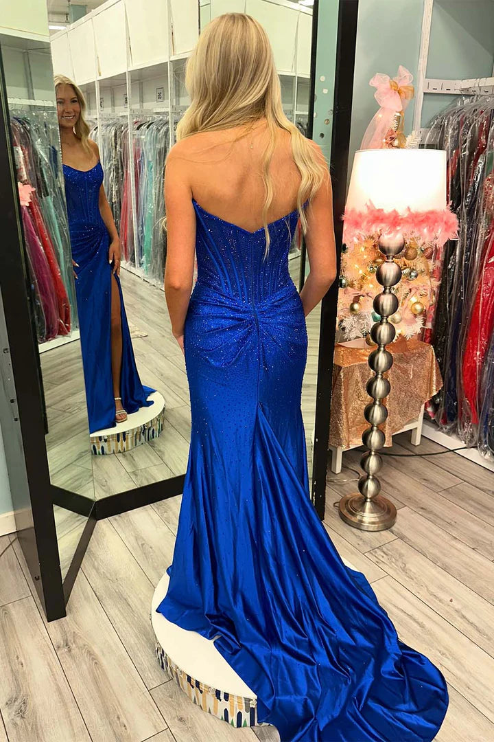 Strapless beaded corset prom dress with slit