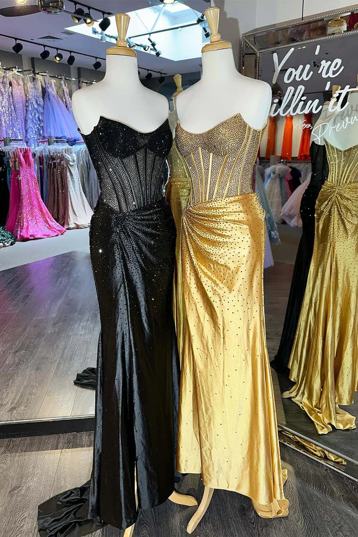 Strapless beaded corset prom dress with slit