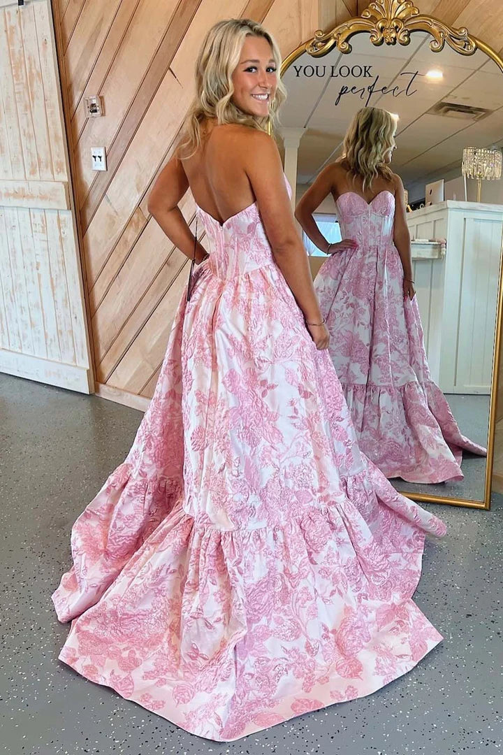 Strapless Corset Bodice Floral Prom Gown