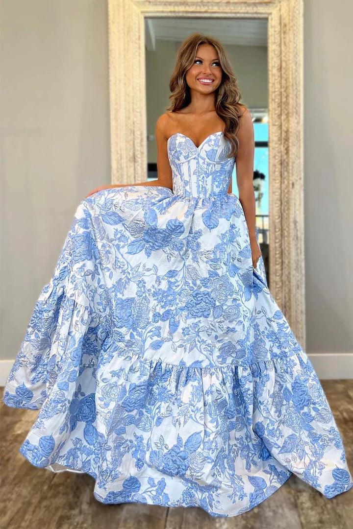 Strapless Corset Bodice Floral Prom Gown