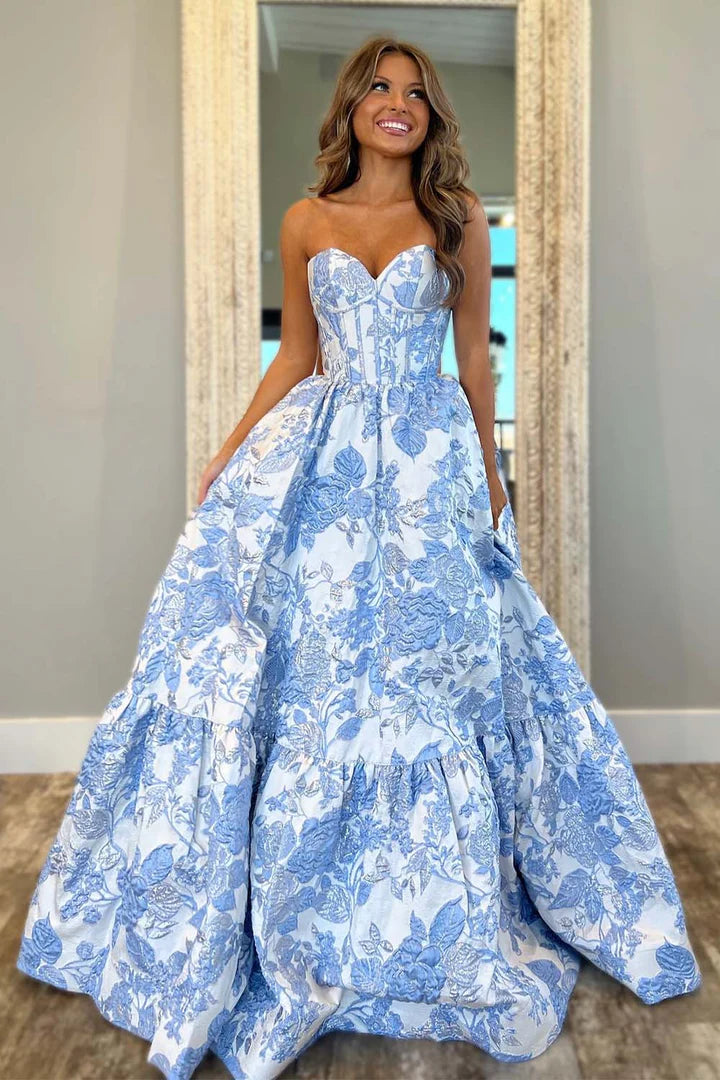 Strapless Corset Bodice Floral Prom Gown