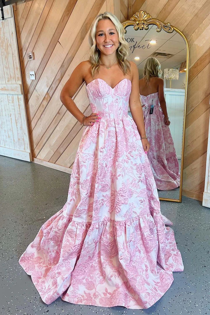 Strapless Corset Bodice Floral Prom Gown
