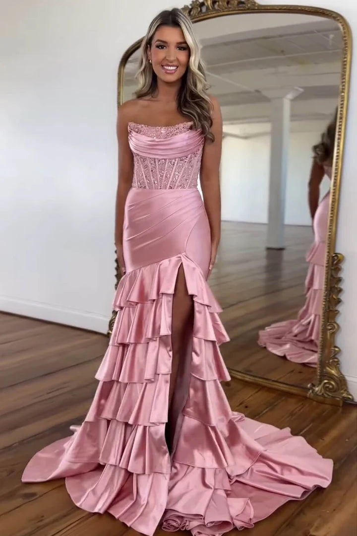 Strapless Corset Prom Dress with Ruffle Skirt