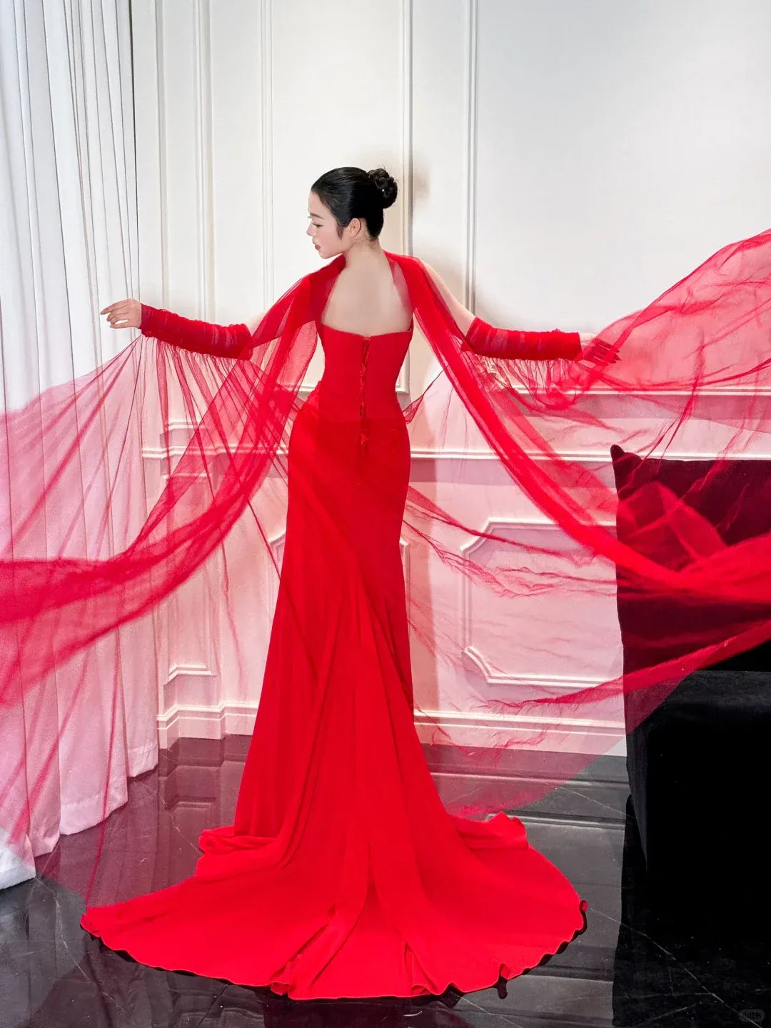 Strapless Cowl Neck Evening Dress with Sheer Cape Sleeves & Train
