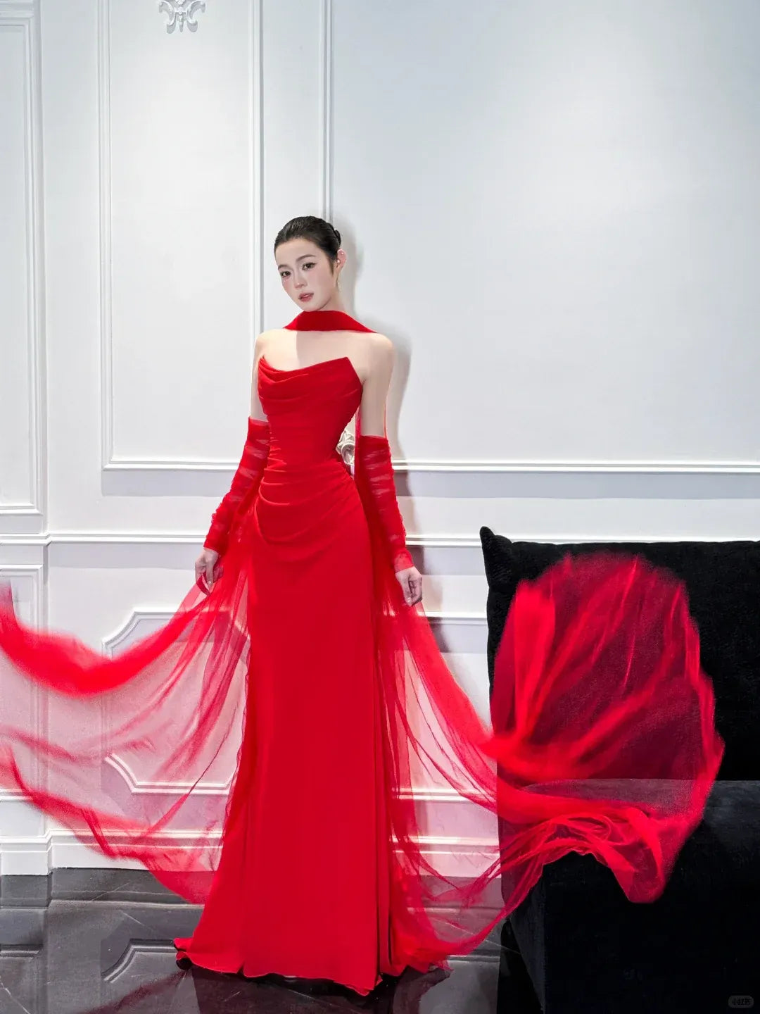 Strapless Cowl Neck Evening Dress with Sheer Cape Sleeves & Train
