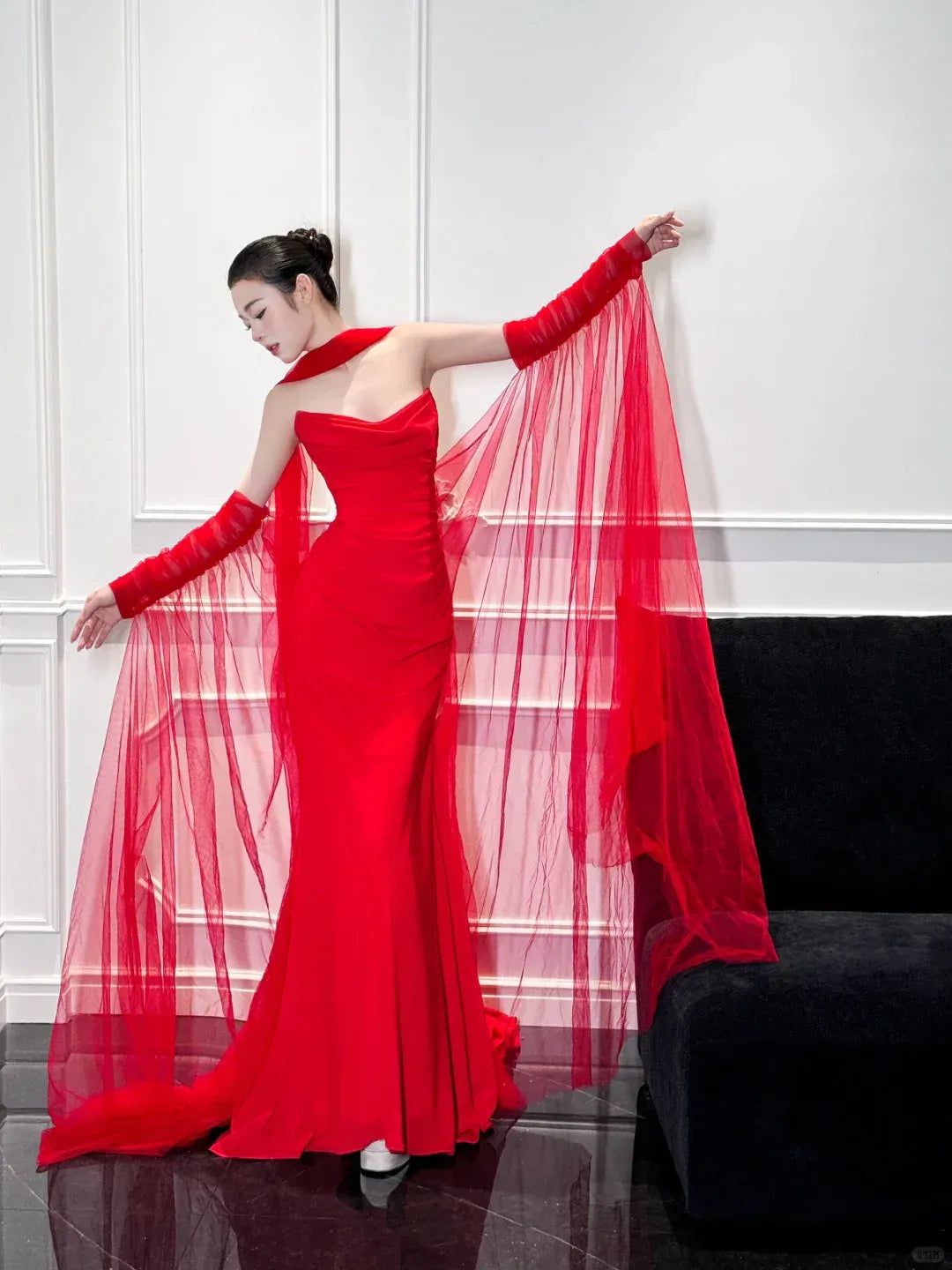 Strapless Cowl Neck Evening Dress with Sheer Cape Sleeves & Train
