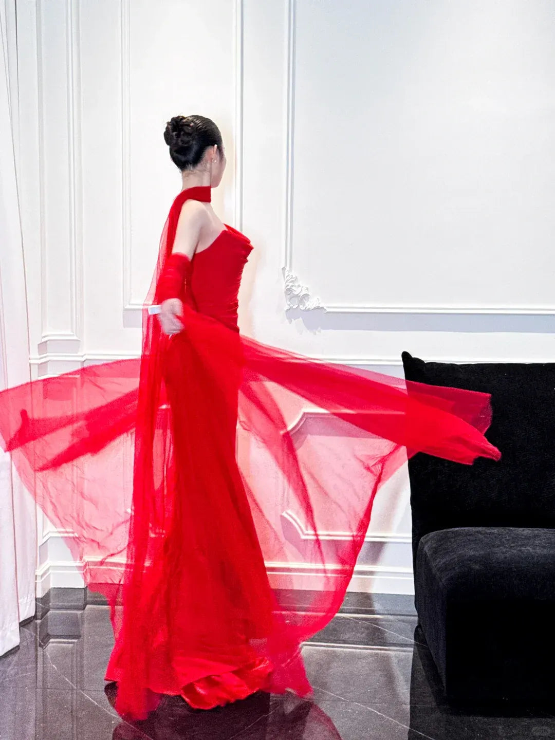 Strapless Cowl Neck Evening Dress with Sheer Cape Sleeves & Train