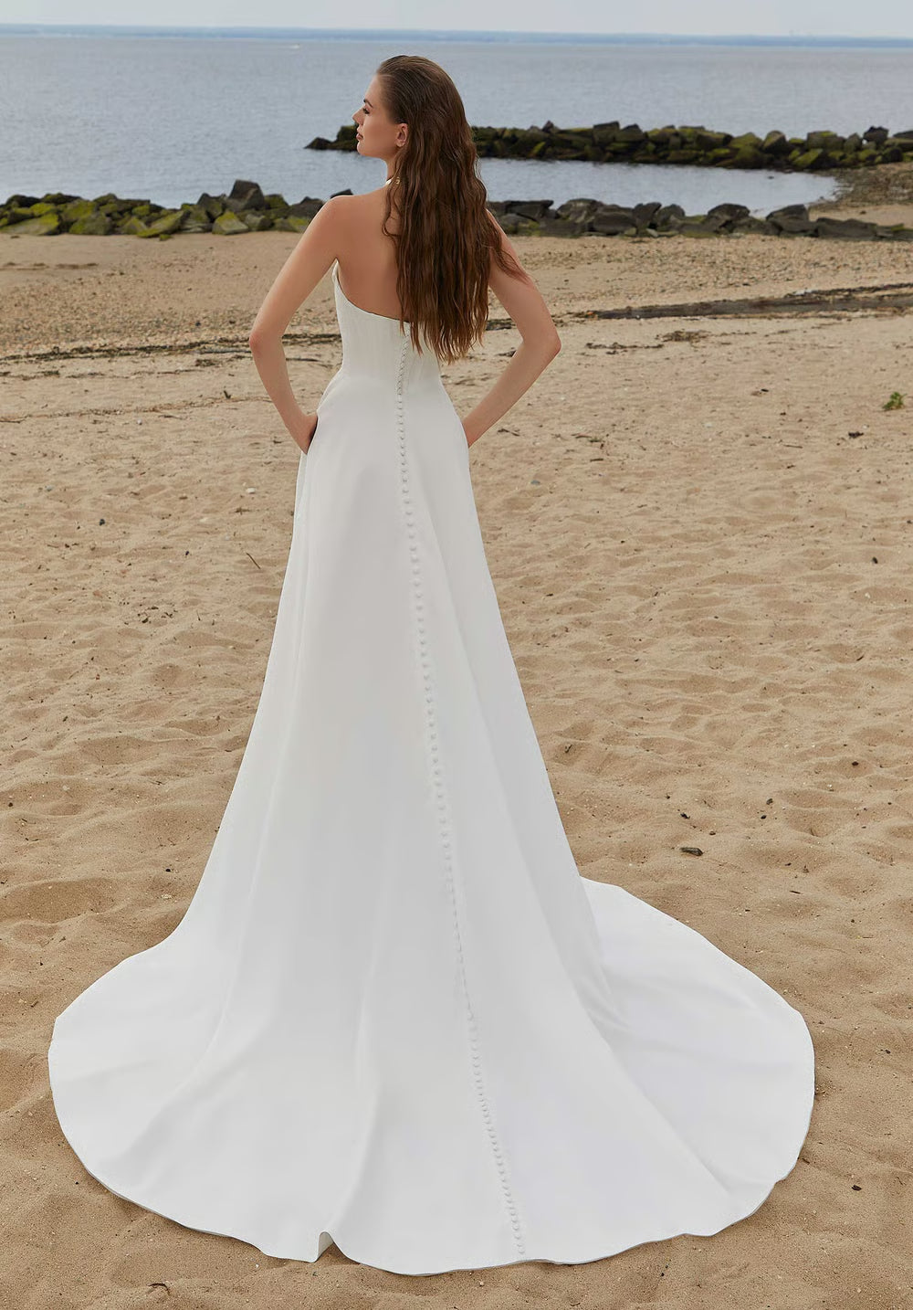 Strapless Cowl Satin Wedding Dress with Corset Bodice, High Slit, Pockets and Chapel Train