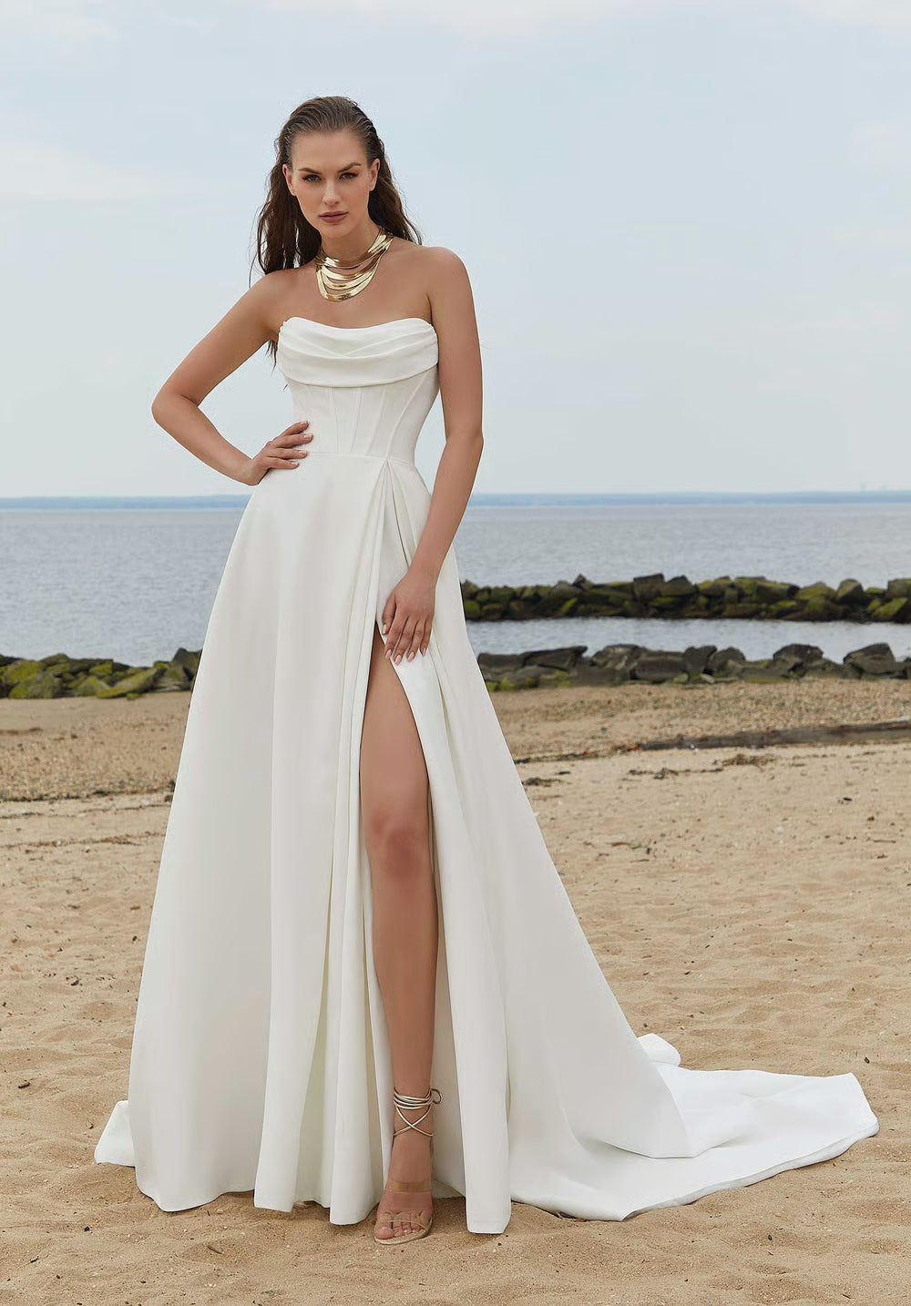 Strapless Cowl Satin Wedding Dress with Corset Bodice, High Slit, Pockets and Chapel Train