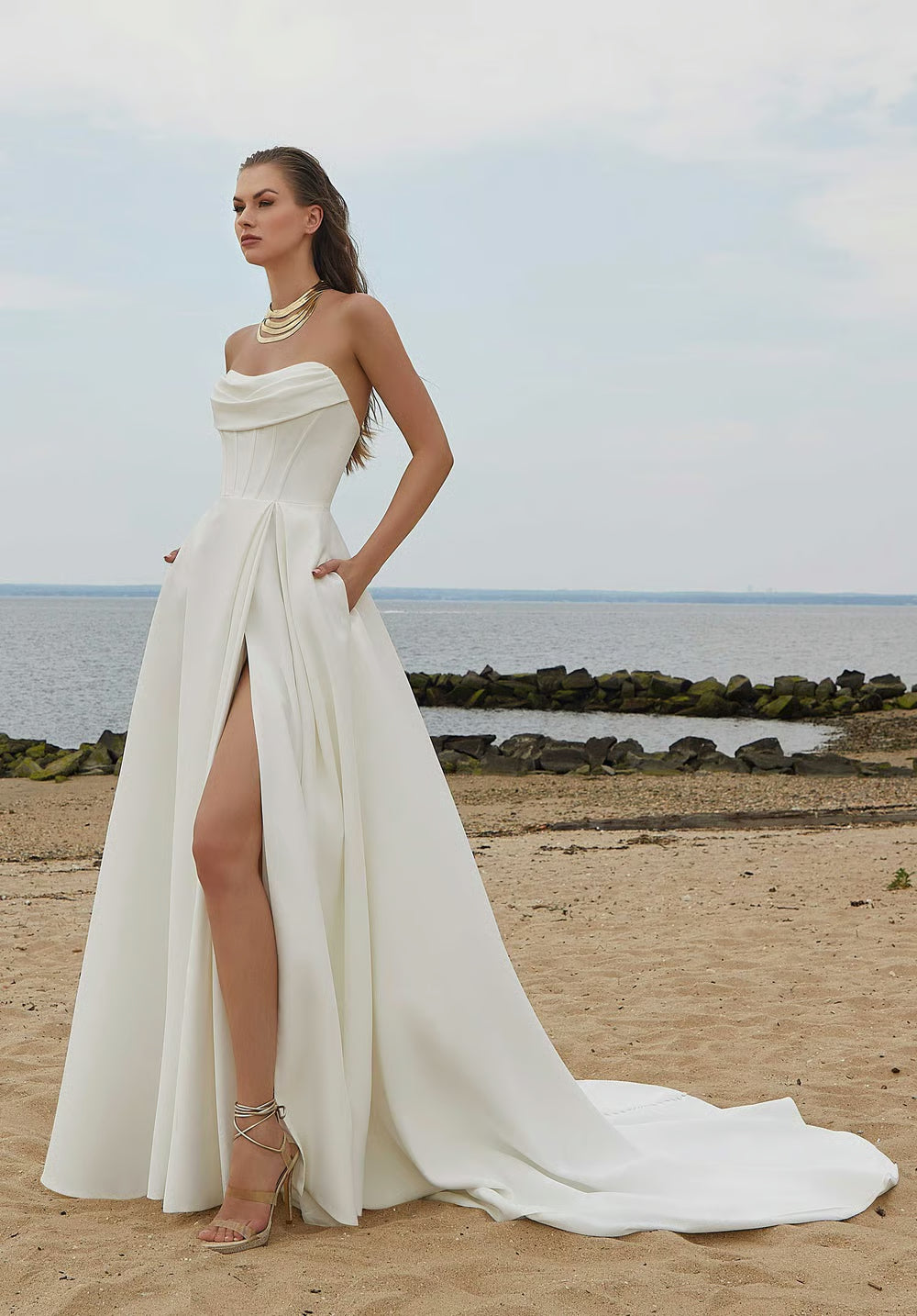 Strapless Cowl Satin Wedding Dress with Corset Bodice, High Slit, Pockets and Chapel Train