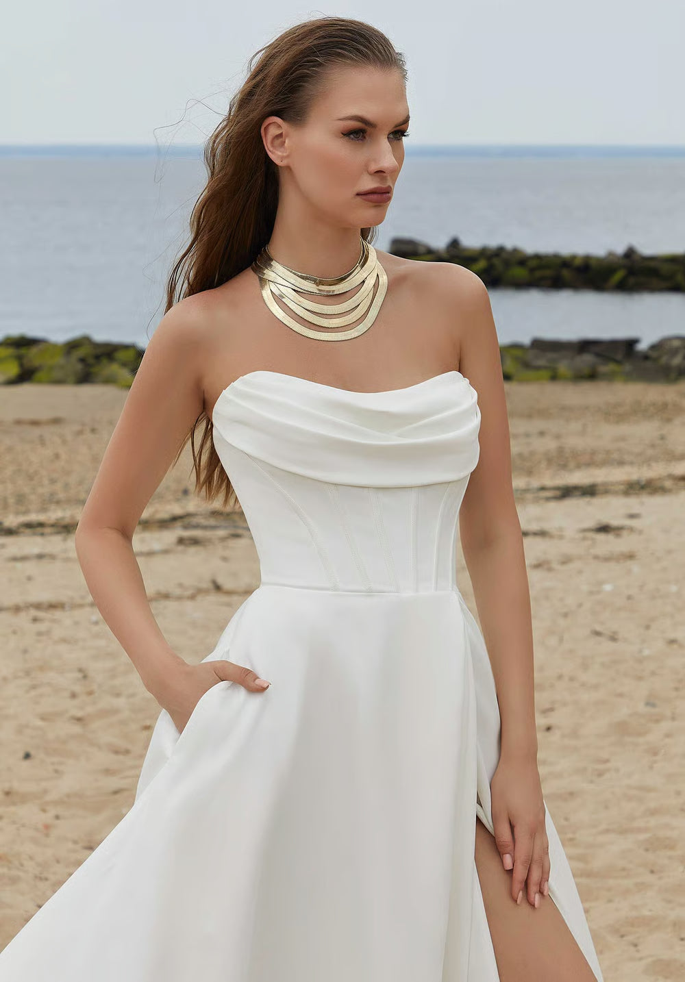 Strapless Cowl Satin Wedding Dress with Corset Bodice, High Slit, Pockets and Chapel Train
