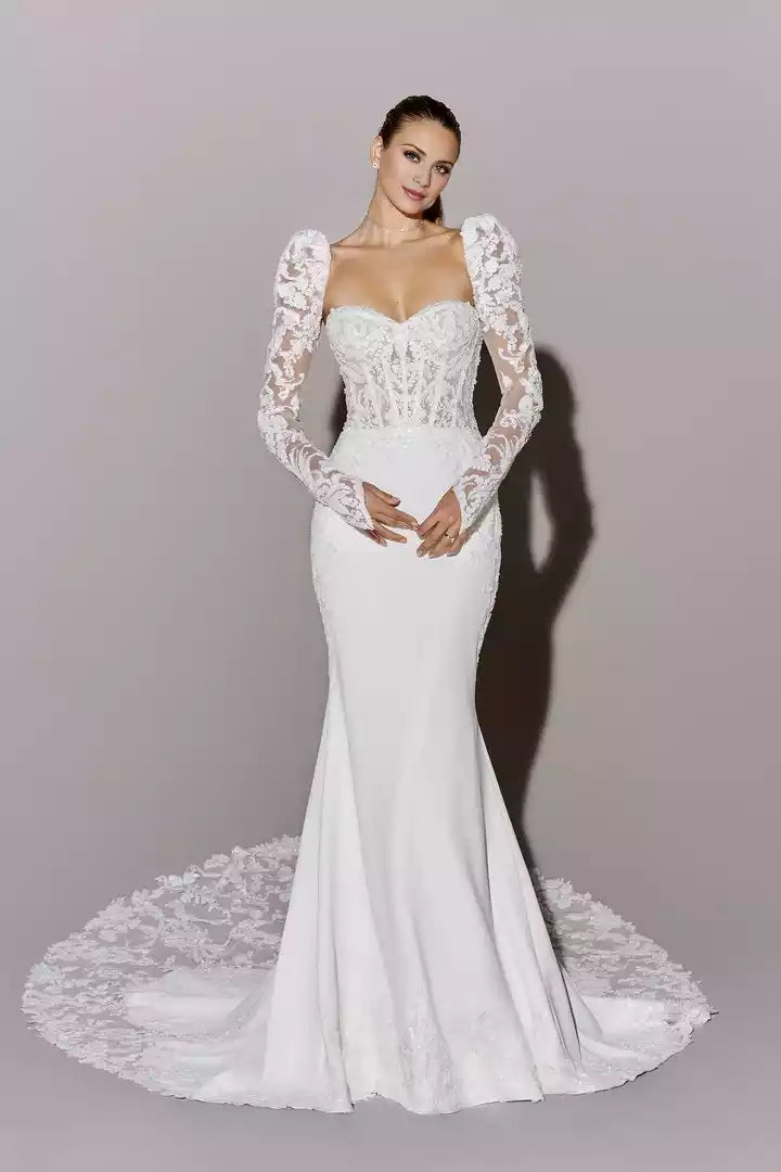 Strapless Crepe Fit and Flare Wedding Gown with Sheer Bodice Wedding Dress