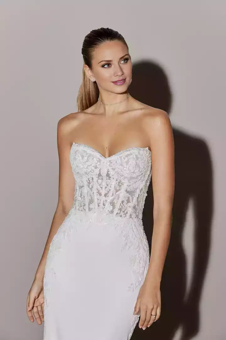 Strapless Crepe Fit and Flare Wedding Gown with Sheer Bodice Wedding Dress