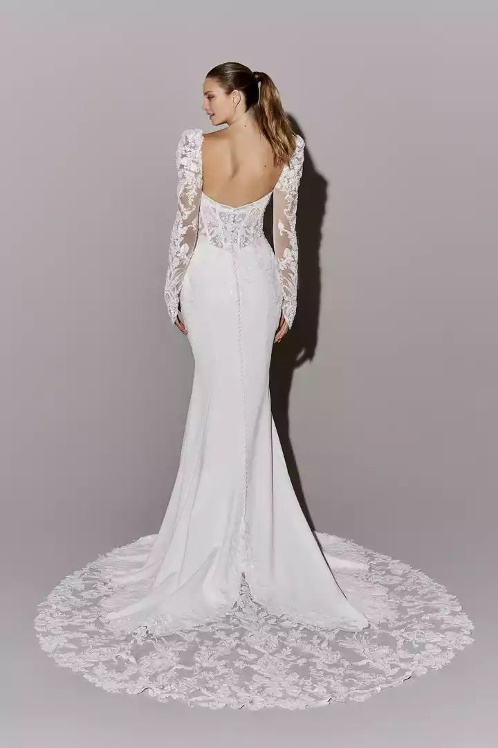 Strapless Crepe Fit and Flare Wedding Gown with Sheer Bodice Wedding Dress