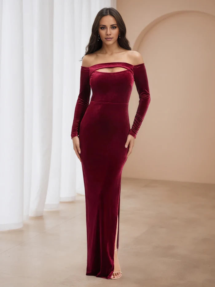 Strapless Cut Out Long Sleeves Floor Length Prom Dresses