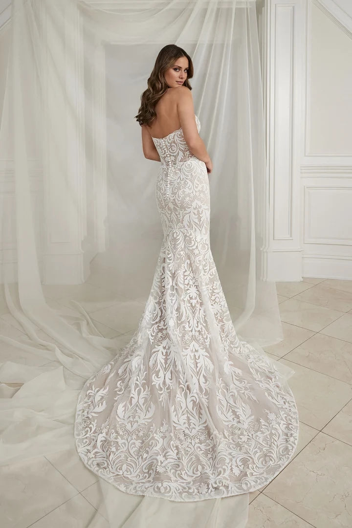 Strapless Fit and Flare Dress with Laser Cut Crepe Appliqués Wedding Dresses