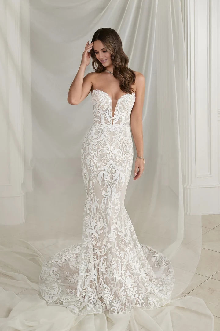 Strapless Fit and Flare Dress with Laser Cut Crepe Appliqués Wedding Dresses