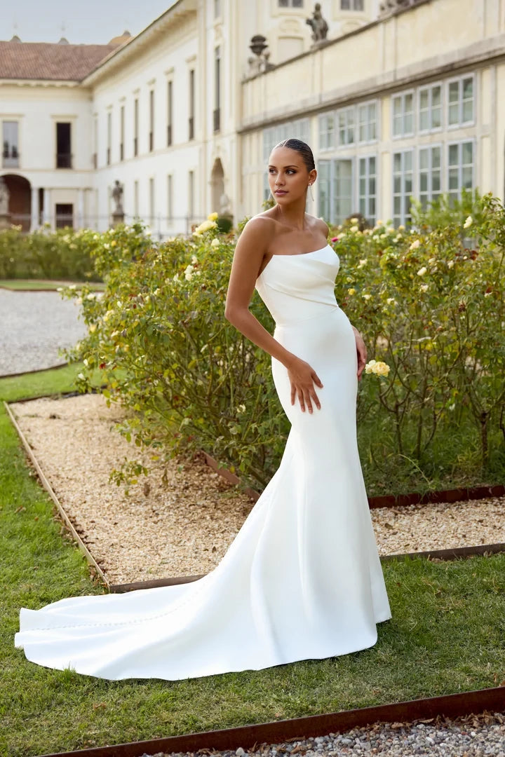 Strapless Fit and Flare Wedding Dress with Draping Across Bodice Wedding Dresses
