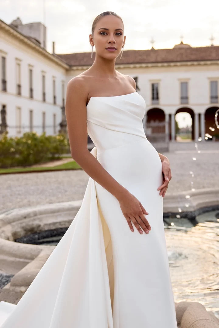 Strapless Fit and Flare Wedding Dress with Draping Across Bodice Wedding Dresses