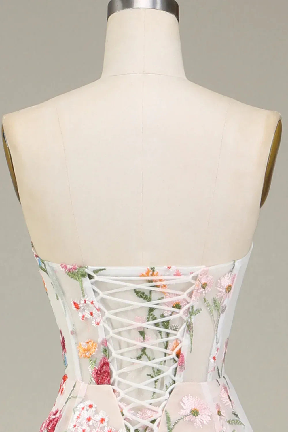 Strapless Floral Embroidered Tulle A-Line Gown with Lace-Up Back