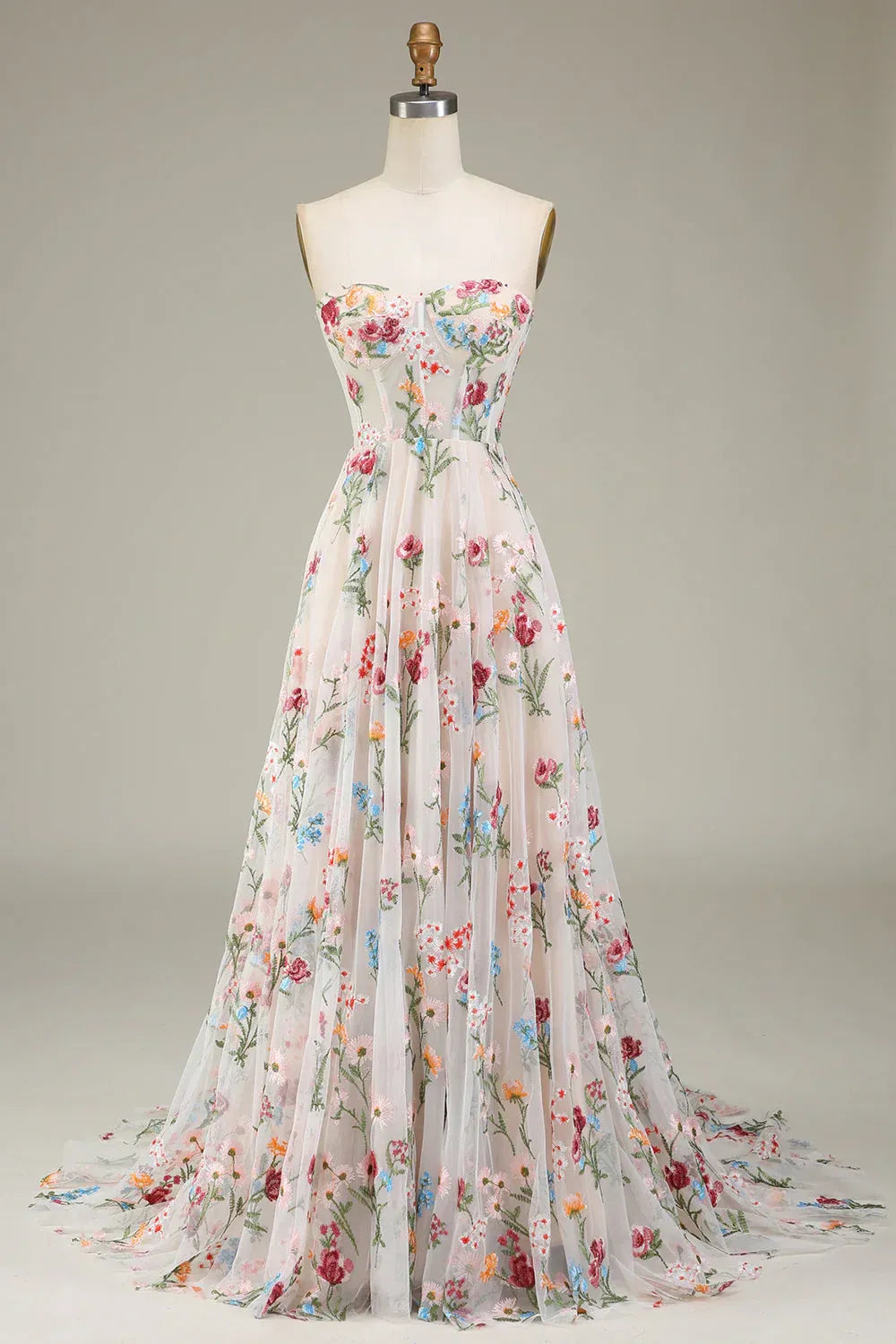 Strapless Floral Embroidered Tulle A-Line Gown with Lace-Up Back