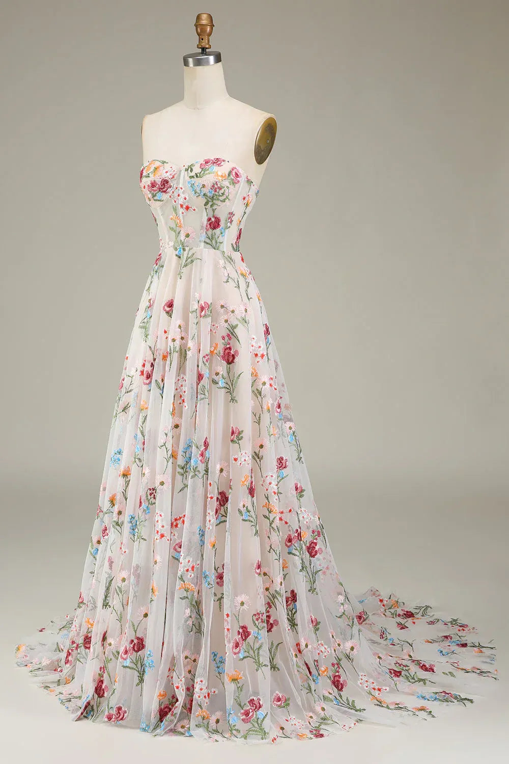 Strapless Floral Embroidered Tulle A-Line Gown with Lace-Up Back