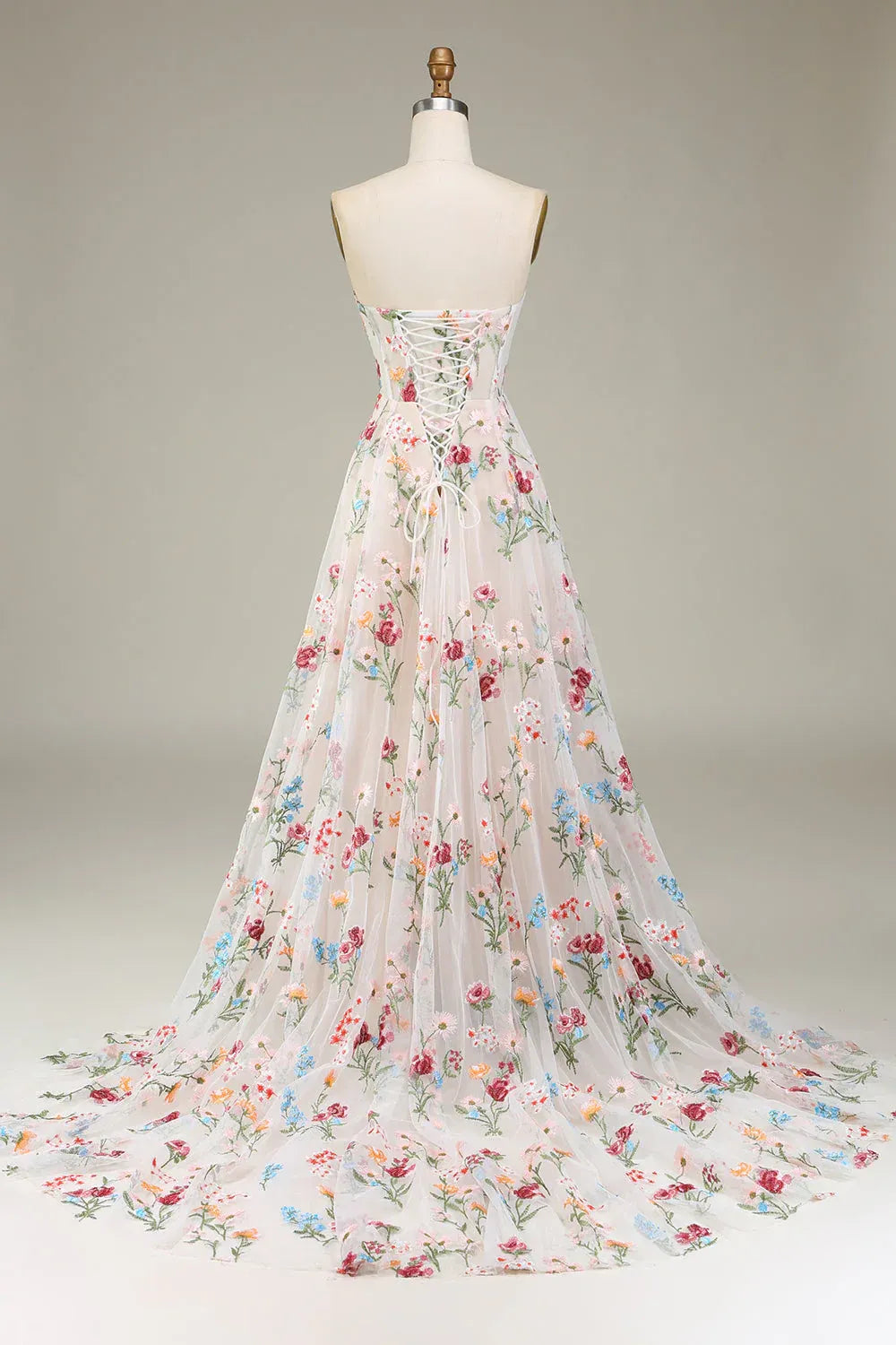 Strapless Floral Embroidered Tulle A-Line Gown with Lace-Up Back