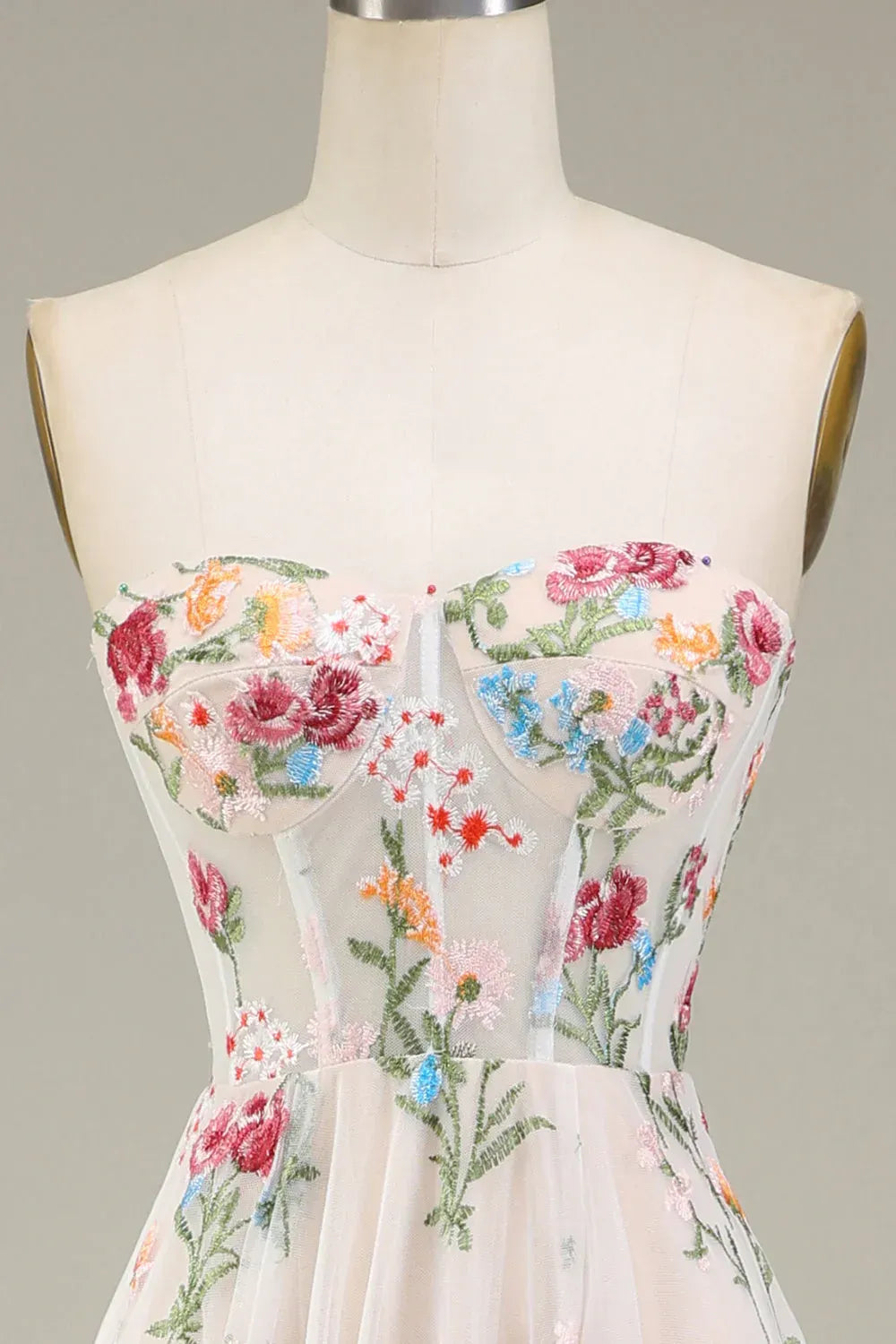 Strapless Floral Embroidered Tulle A-Line Gown with Lace-Up Back