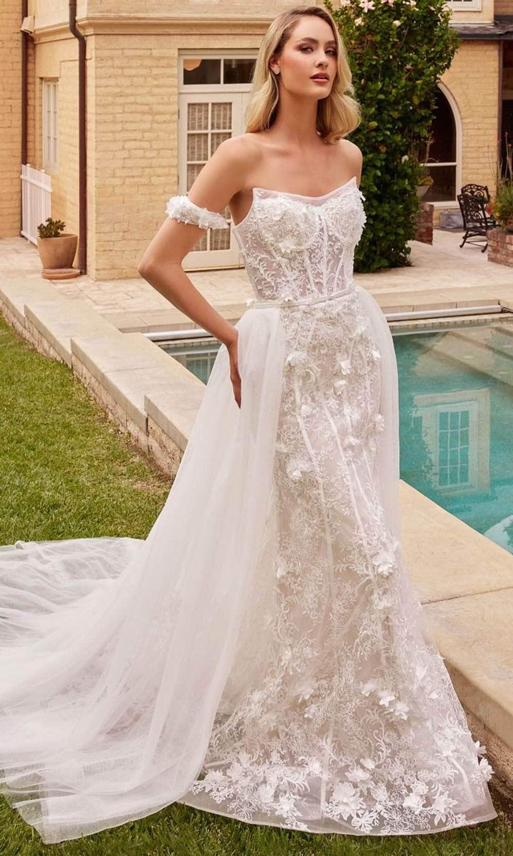 Strapless Lace Applique Embellished Bridal Gown With Attached Train Wedding Dress