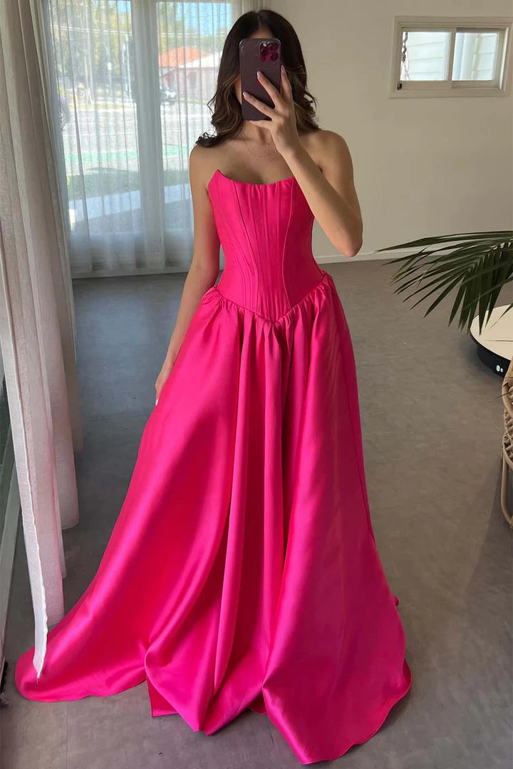 Strapless Long Bright Pink Prom Dress