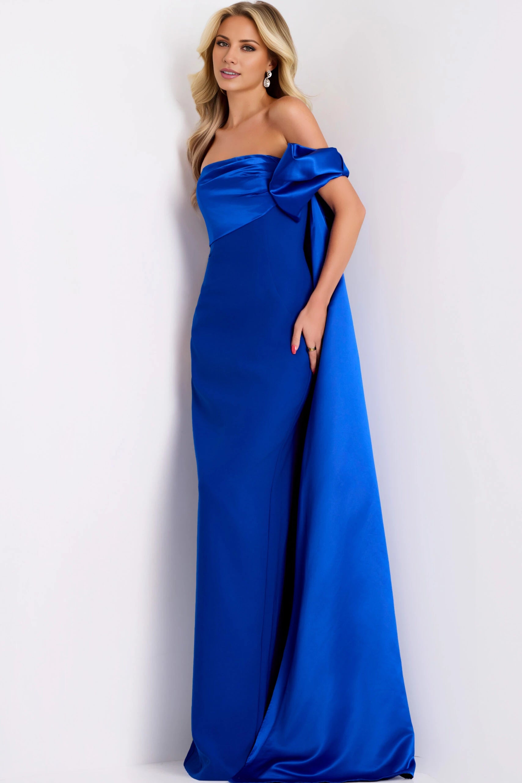 Strapless Royal Blue Column Gown With Side Bow Evening Dresses