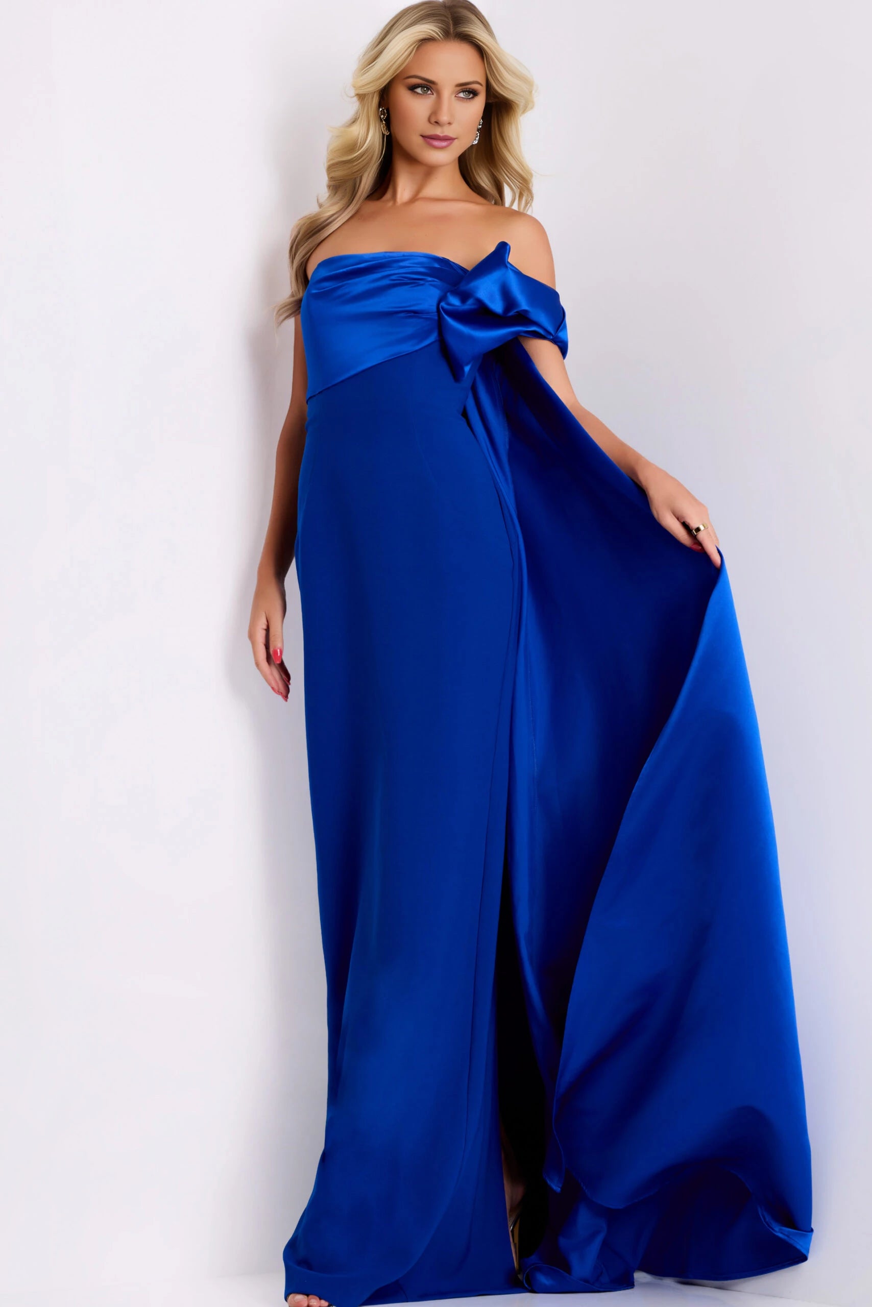 Strapless Royal Blue Column Gown With Side Bow Evening Dresses