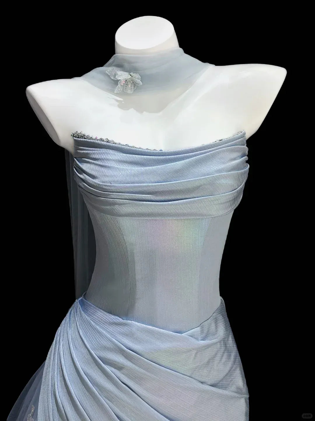 Strapless Ruched Mermaid Dress with Butterfly Appliqués & Choker Neckline