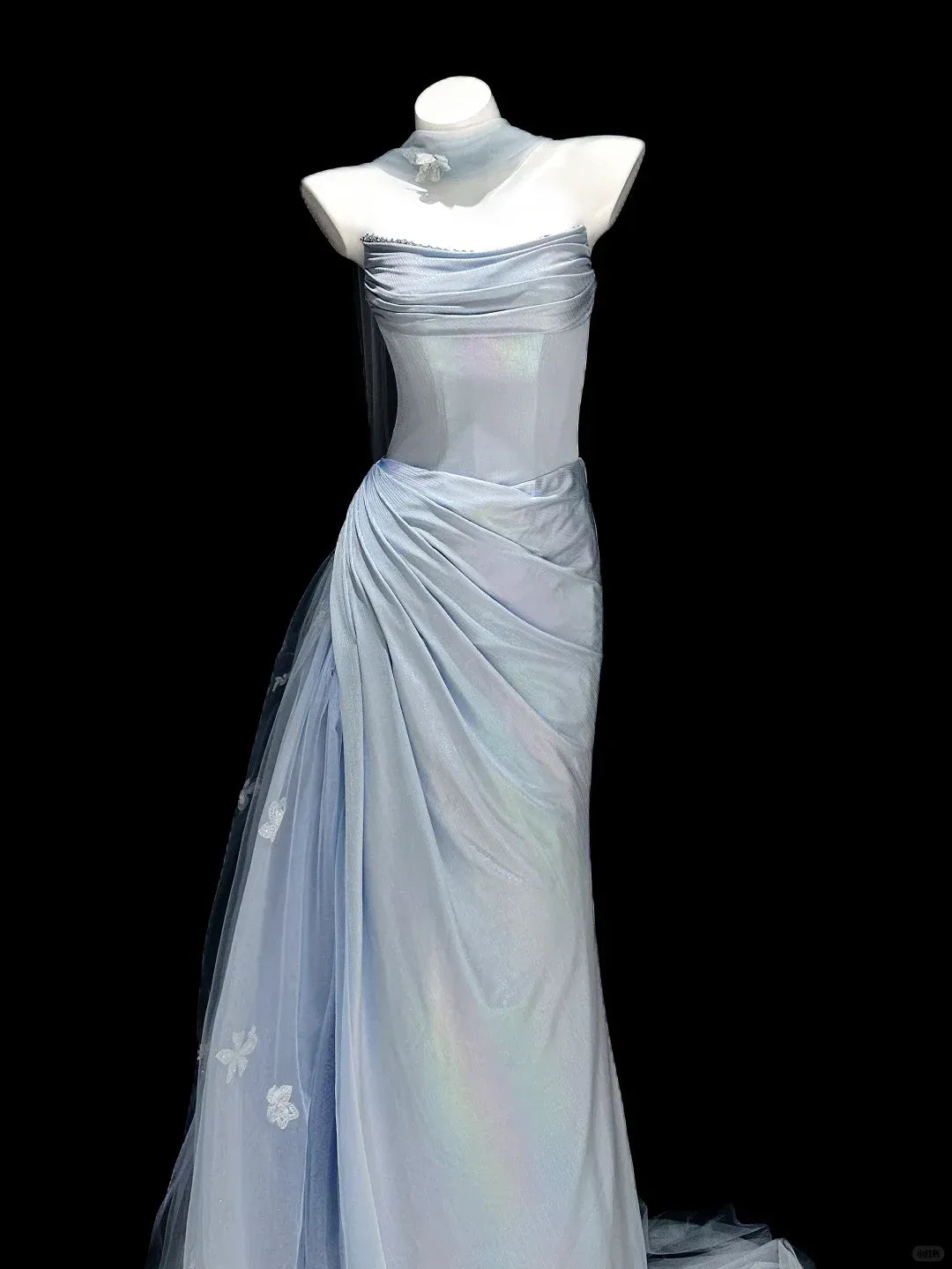 Strapless Ruched Mermaid Dress with Butterfly Appliqués & Choker Neckline