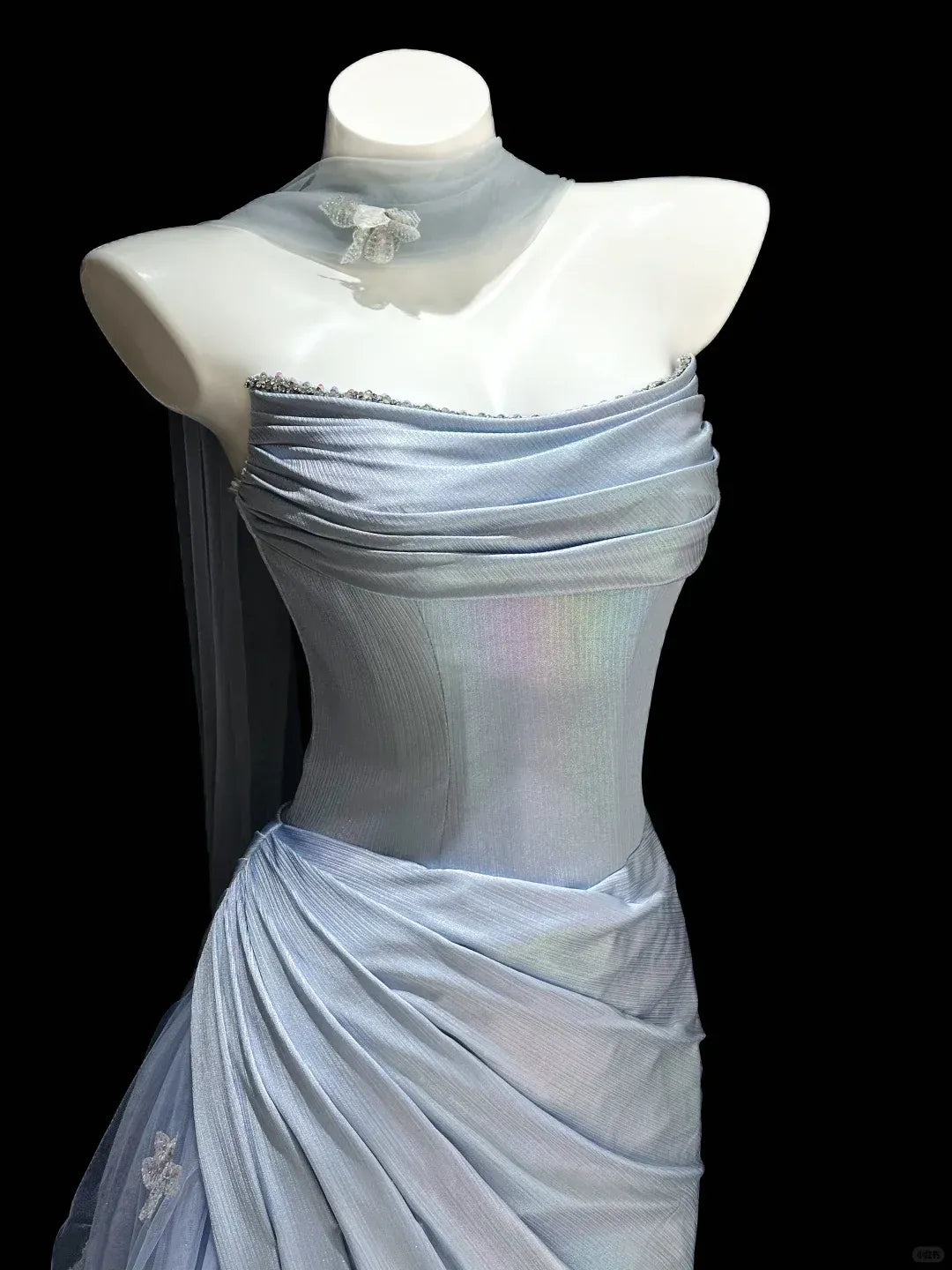 Strapless Ruched Mermaid Dress with Butterfly Appliqués & Choker Neckline