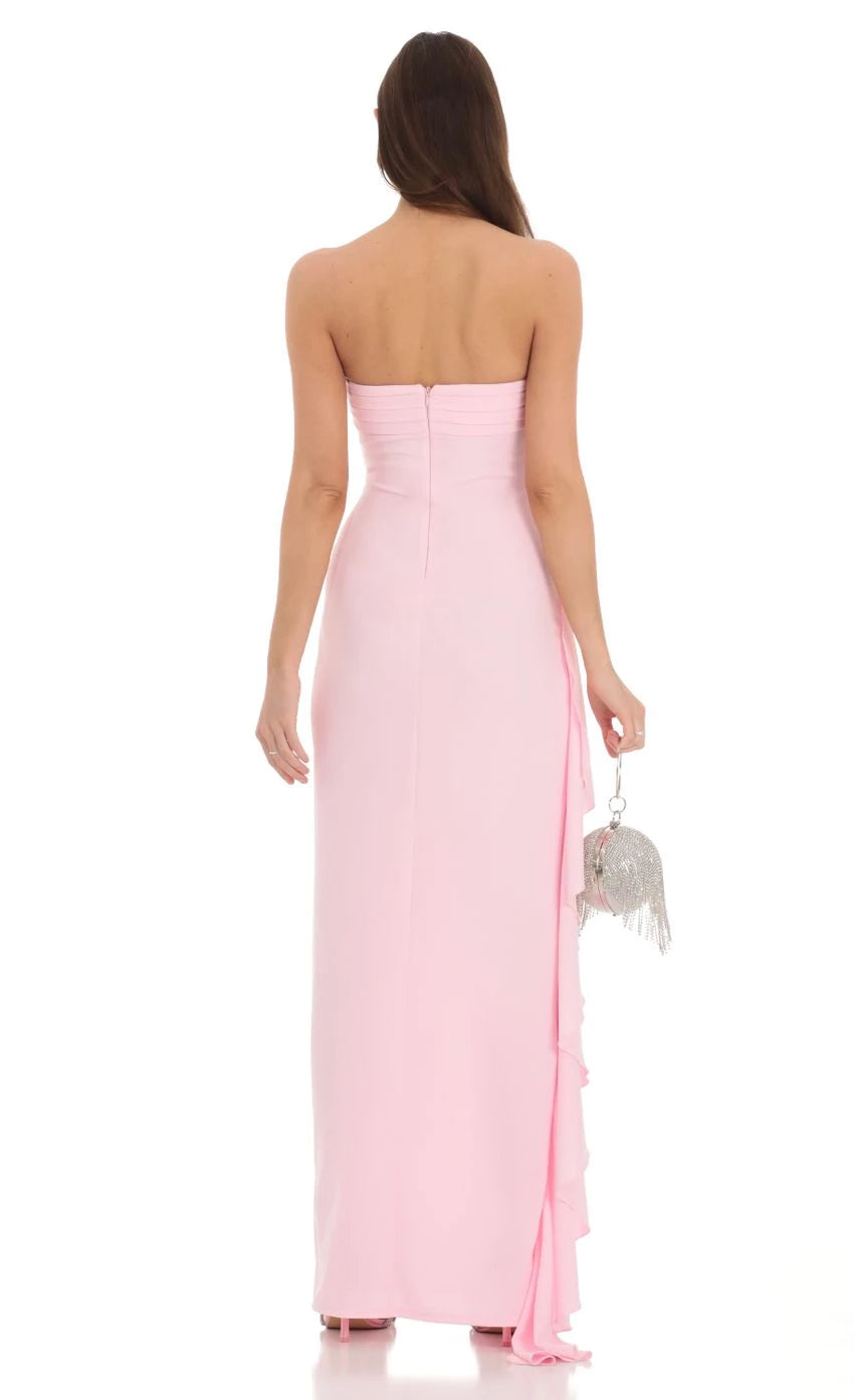 Strapless Ruched Ruffle Maxi Dress  Prom Dresses
