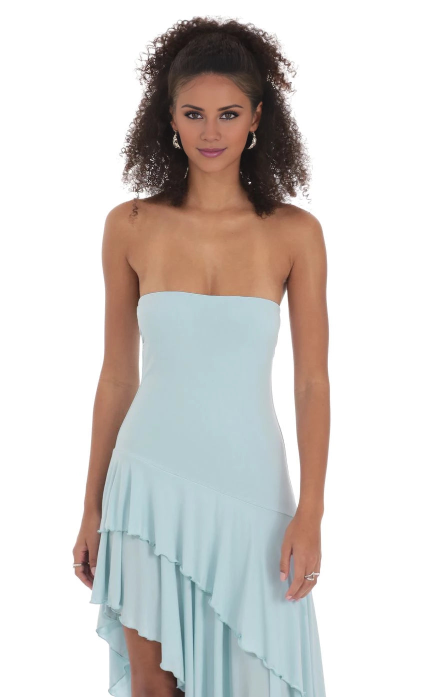Strapless Ruffle Asymmetrical Maxi Dress Prom Dresses