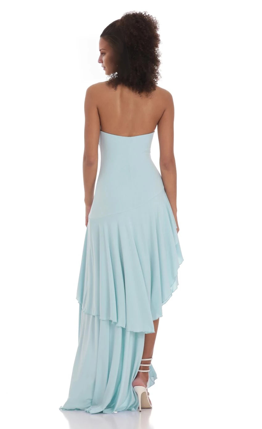 Strapless Ruffle Asymmetrical Maxi Dress Prom Dresses