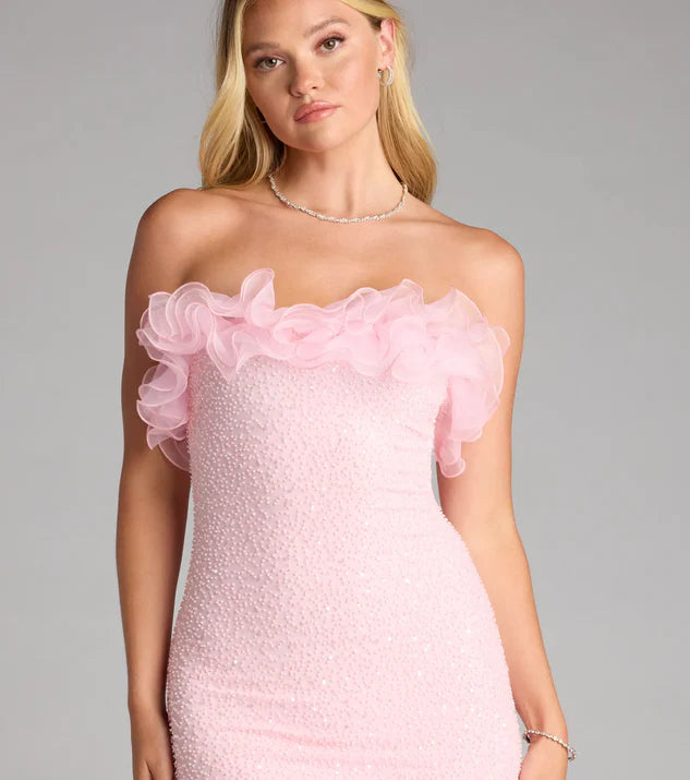 Strapless Ruffle Beaded Mini Dress Homecoming Dresses