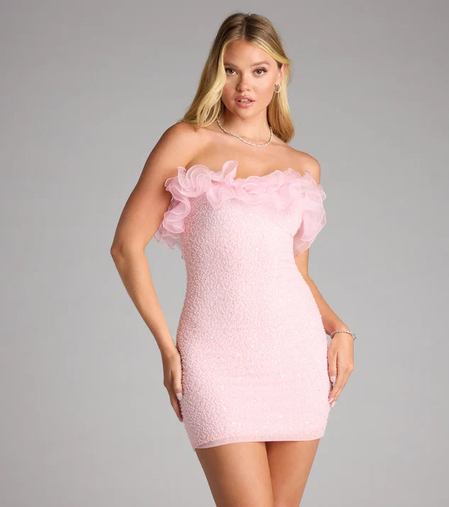 Strapless Ruffle Beaded Mini Dress Homecoming Dresses