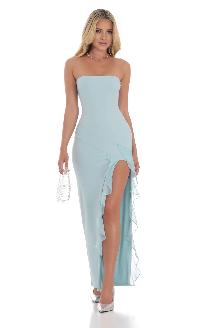 Strapless Ruffle Slit Maxi Dress Prom Dresses
