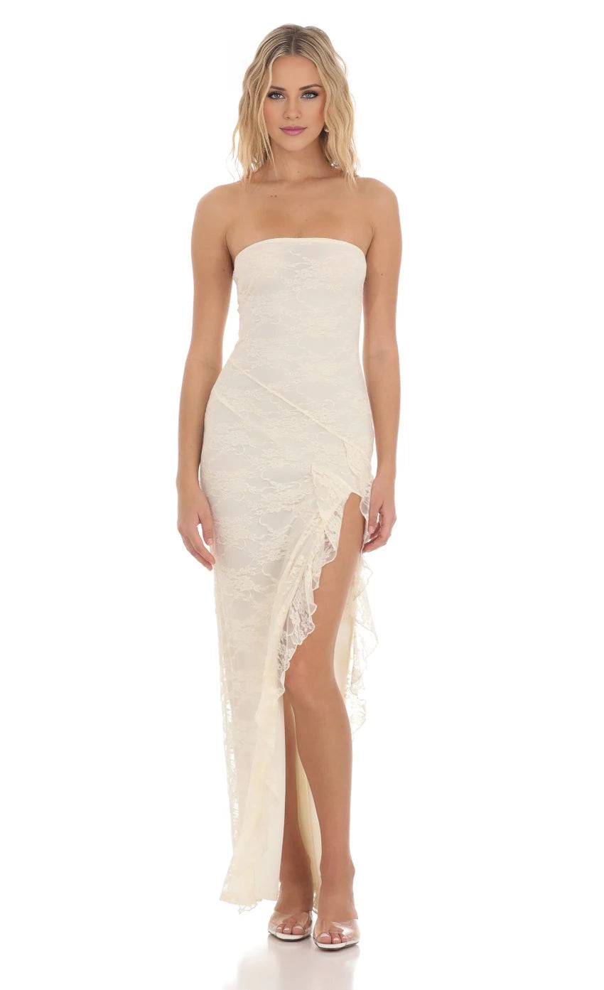Strapless Ruffle Slit Maxi Dress Prom Dresses