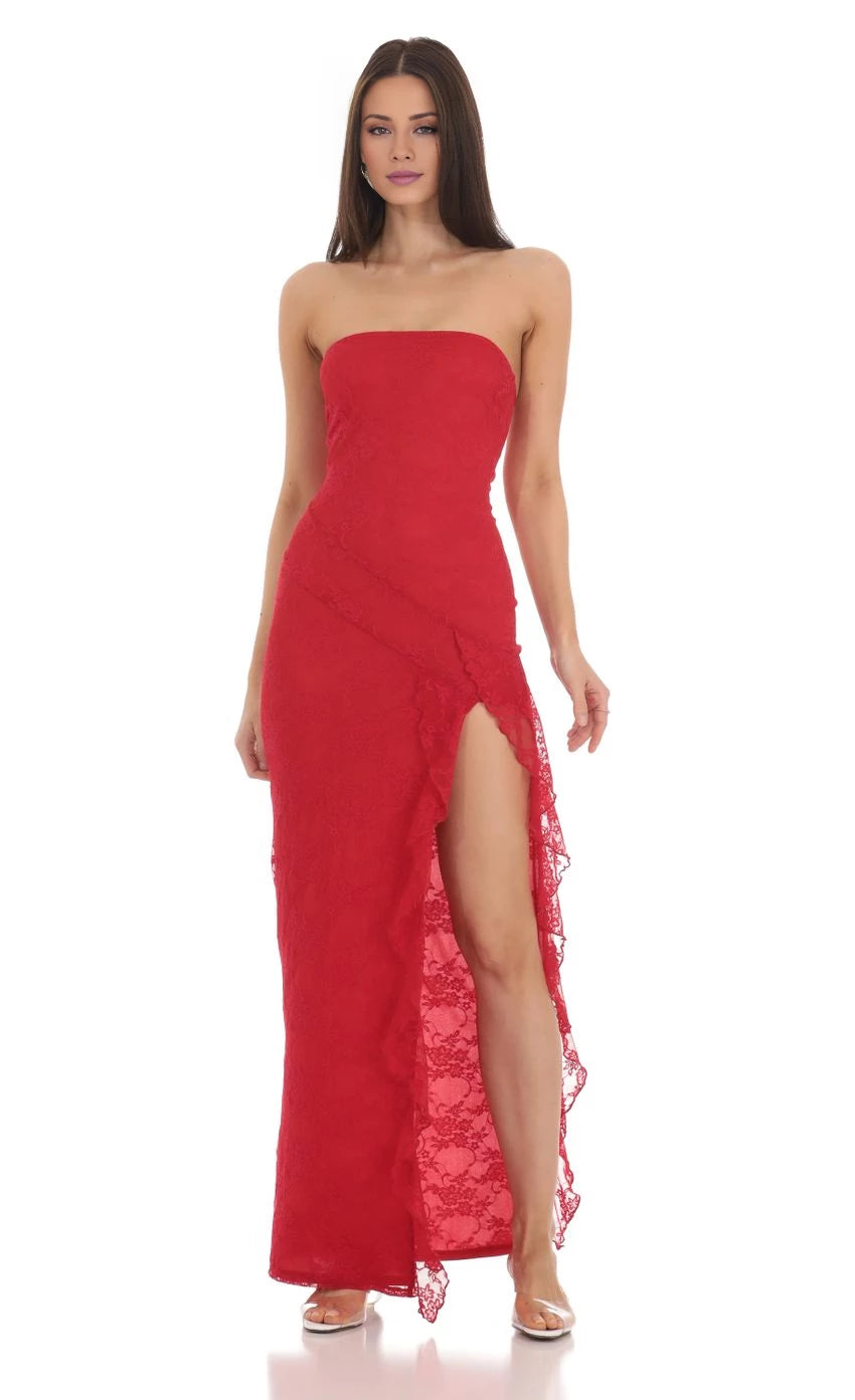 Strapless Ruffle Slit Maxi Dress Prom Dresses