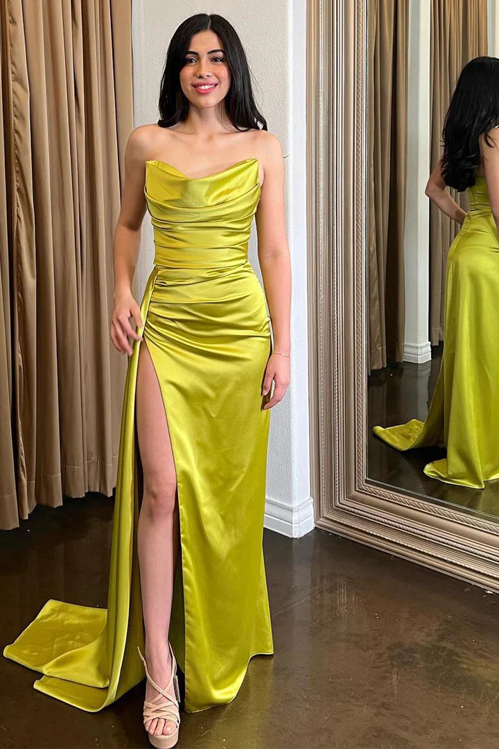 Strapless Sage Green Slit Prom Dress