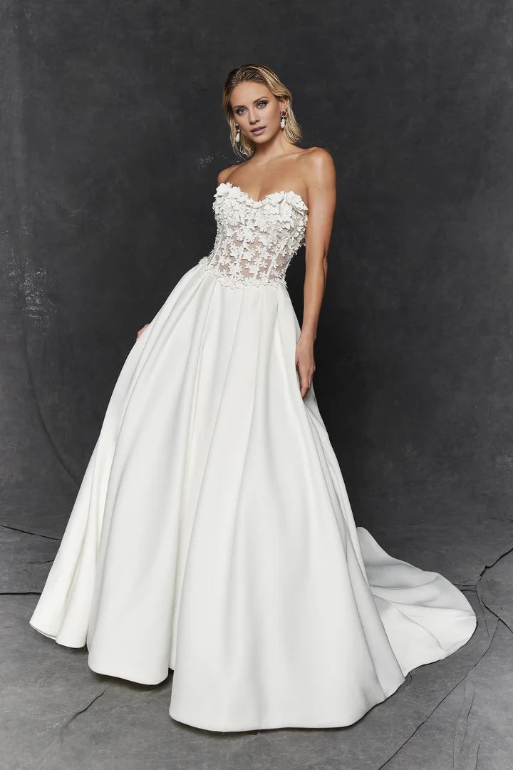 Strapless Satin Ball Gown with Basque Waist and 3D Flowers Wedding Dresses