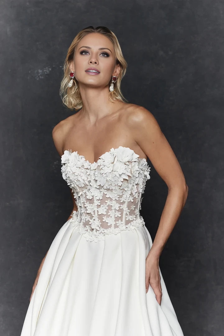 Strapless Satin Ball Gown with Basque Waist and 3D Flowers Wedding Dresses