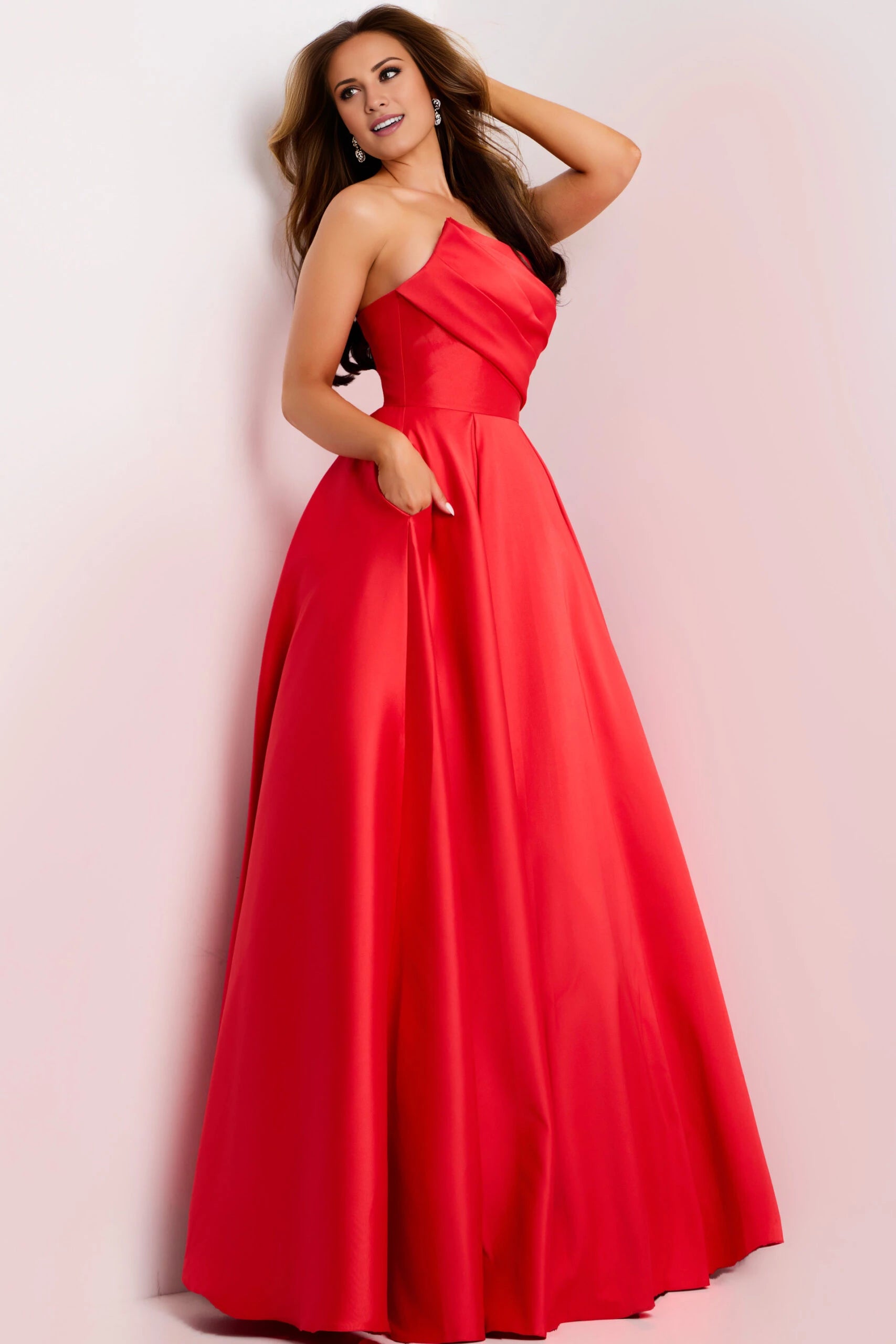 Strapless Satin Ballgown with Draped Bodice Evening Dresses